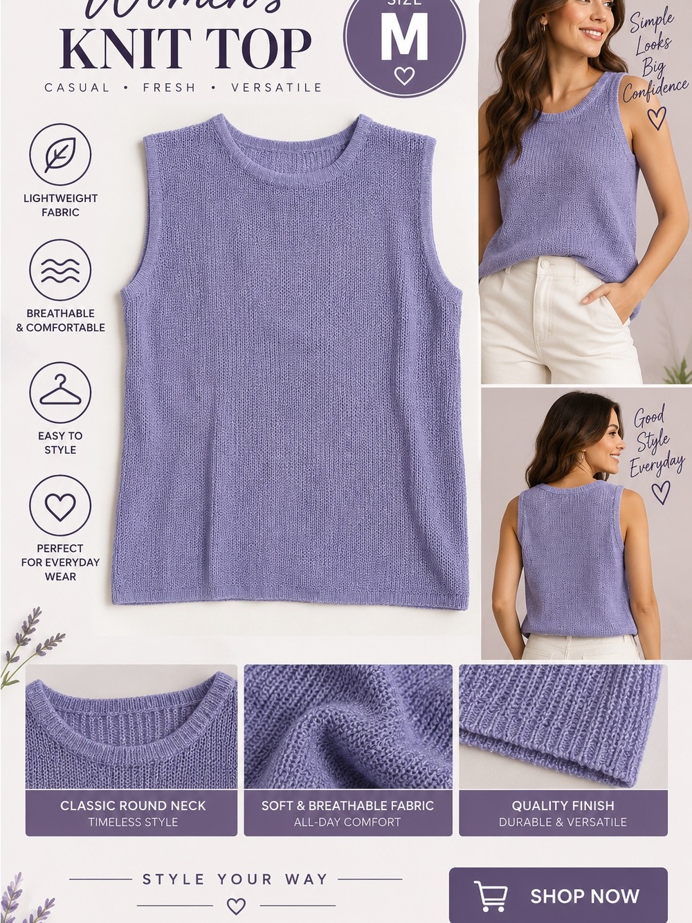 Women's Sleeveless Knit Top - Lavender